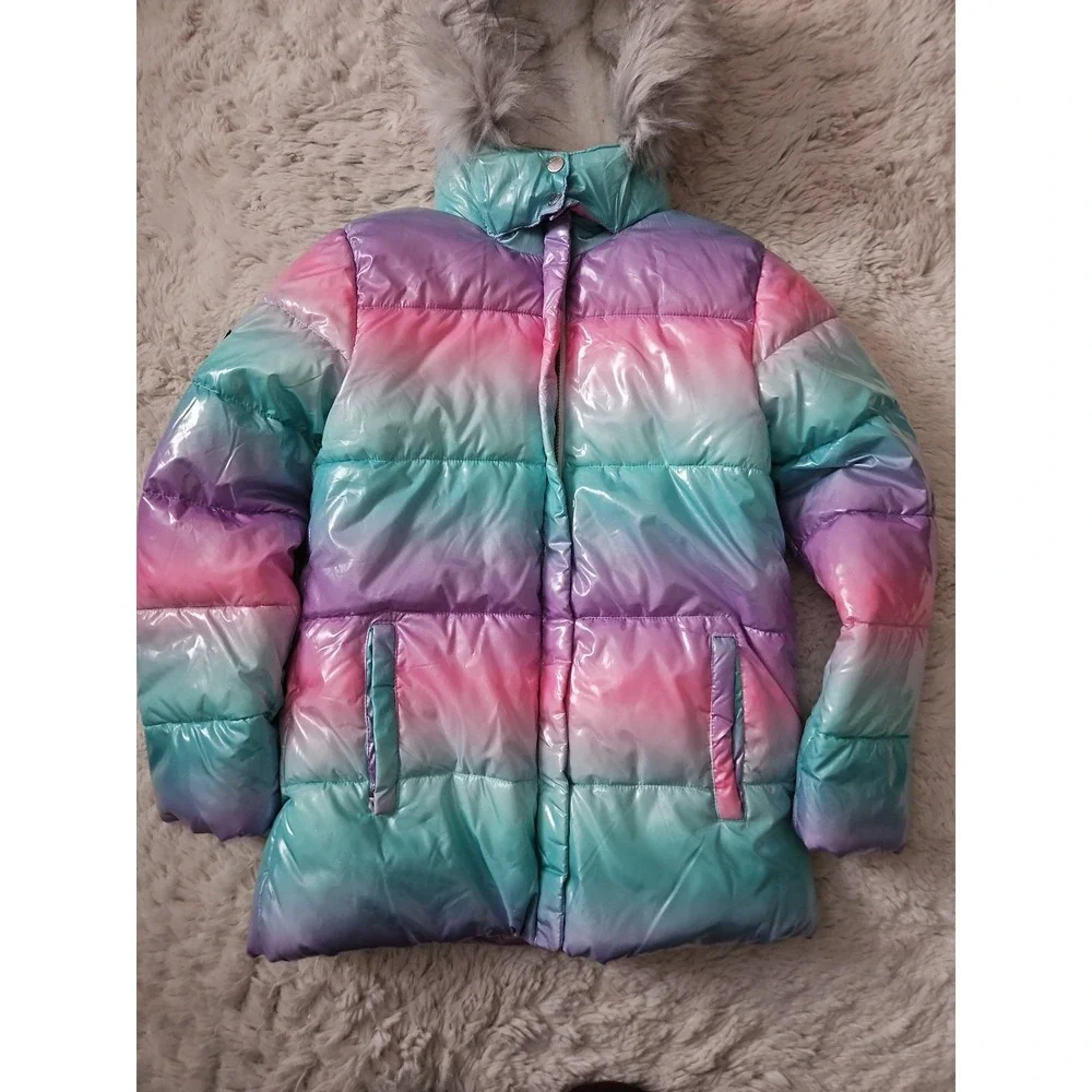 Justice Girls Ombre Metallic Puffer Jacket with Removable Faux Fur Hood